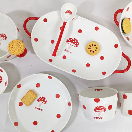 Cartoon Mushroom Cutlery Creative Polka-dot Binaural Bowl Cute Girl Heart Ceramic Plate