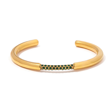 Minimalism 18k Gold Plated Stainless Steel Bracelet Jewelry Party Gift Opening Green Cubic Zirconia Bangles