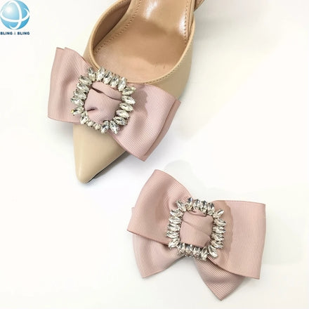 Minimalist Pale Pink Bowknot Shoe Clips Crystal Webbing Bow Buckle for Wedding Shoe Brooches Ladies Shoe Embellishment