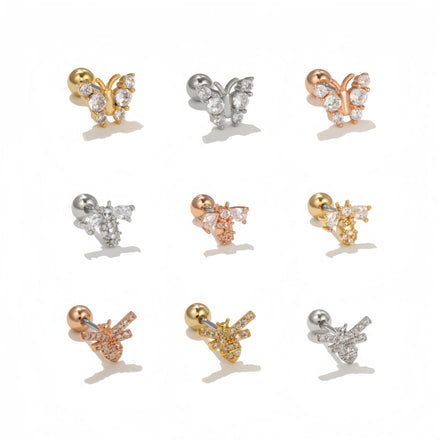 New Zircon Cute Small Animal Insect Ear Bone Stud New Creative Butterfly Bee Ear Piercing Screw Ball Women's Jewelry Earring
