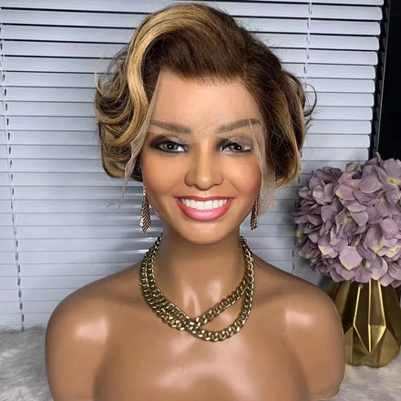 Next Day Shipping Instock 13x3 Colored 4/27# Loose Curl Virgin Brazilian Short bob Pixie Cut Lace Wig with Bang