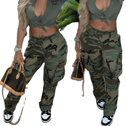 Wholesale Ladies Fashion Baggy Multi Pockets Women's Cargo Pants Casual Patchwork Plus Size Camouflage Camo Pants Women Clothes