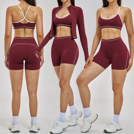 Custom Logo Women 3 Piece Yoga Set Breathable Jacket Adjustable Bra High Waist Sports Shorts Fitness Active Gym Wear Clothing