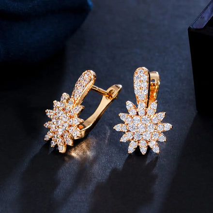 Elegant Full Micro Paved Cubic Zirconia Stone 585 Gold Plated Flower Small Hoop Earrings for Women Party Jewelry with Safety Pin