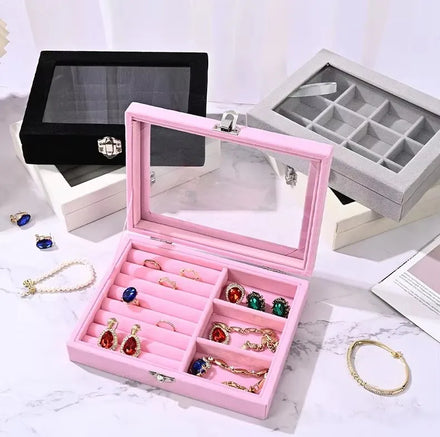 Wholesale Pink Blue Plush Velvet Travel Jewelry Box Organizer with Glass Window for Displaying Jewelry