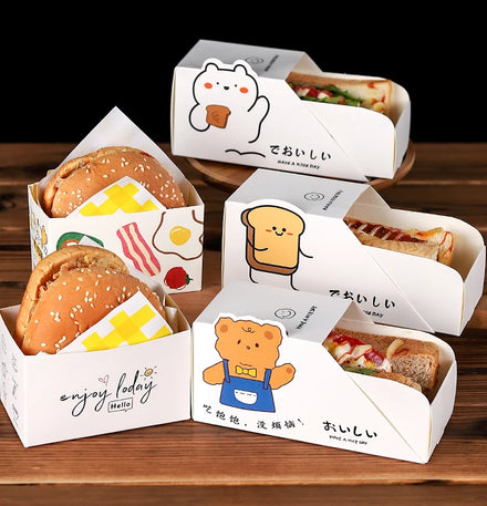 Sandwich Drawer Box Bento Boxes Disposable Breakfast Takeaway Food Paper Box with Oil Paper clear Plastic Bag