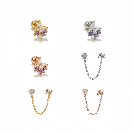 Fashion Women Butterfly Zircon Ear Bone Stud 18k Gold Plated Brass Piercing Jewelry Diamonds Stud Earring With Chain for Women