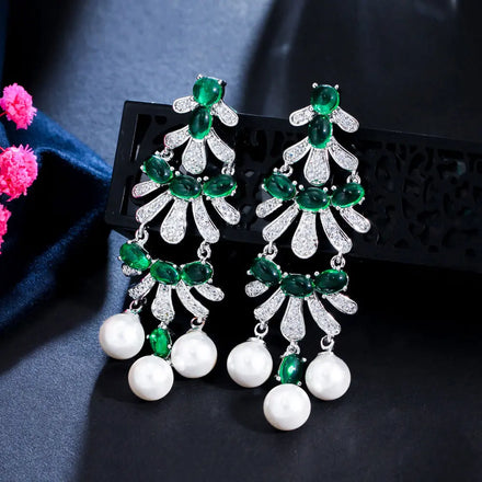 Dark Green Cubic Zirconia Crystal Dangling Long Tassel Pearl Drop Earrings Luxury Women Engagement Wedding Party Jewelry