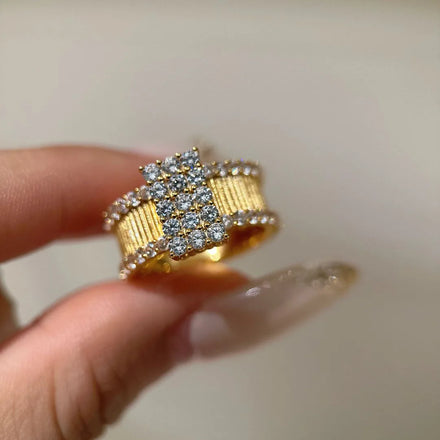 French Retro Light Luxury Vintage Open Copper Ring with Double Row Rhinestone for Women