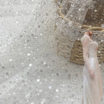 Custom Sequin Fabric 90% Nylon Three-dimensional Embroidered Tulle Fabric for Wedding Dress Bridal Tulle White