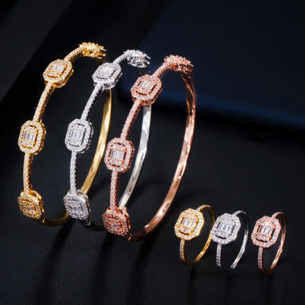 Fashion Copper Stackable CZ Jewelry Cubic Zirconia Rose Gold Color African Bridal Cuff Bangle Bracelet with Ring Set for Women