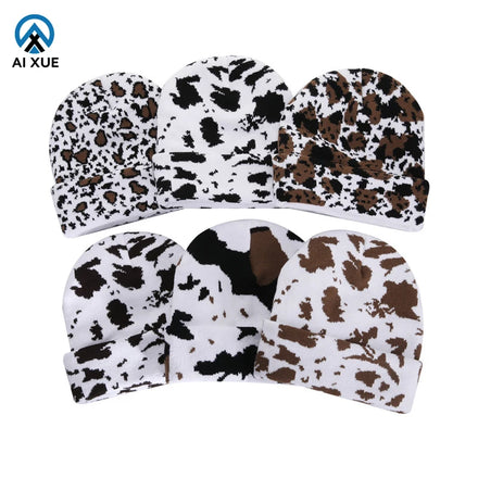 Wholesales Custom Logo Cow Pattern Beanie With Logo Acrylic Warm Hat Winter Warm Outdoor Cycling Hats
