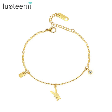 SP-LAM Rabbit Stainless Steel Chain Charm Metal Korean Cubic Zirconia Women Cute Bracelet