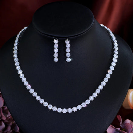 Chic White Cubic Zirconia Paved Wedding Choker Round Flower Necklace and Earrings Set for Elegant Women Party Costume Jewelry