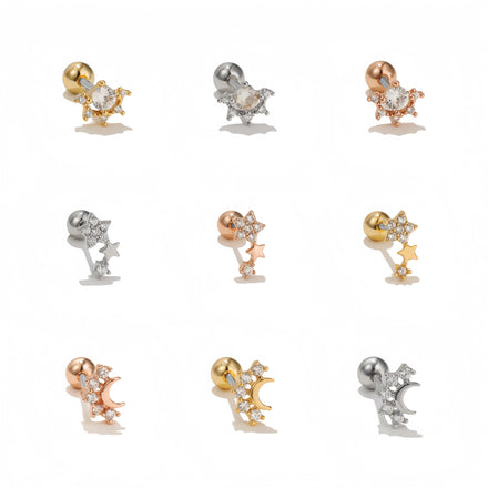 Ins Wind Women 20g Stainless Steel Rod Small Ear Bone Nails Micro-inset Zircon Star Moon Piercing Jewelry Girls Earring Studs