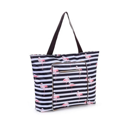 Designer Polyester Ladies Reusable Grocery Flamingo Stripe Printed Casual Tote Bag with Two Handles Zipper and Pocket