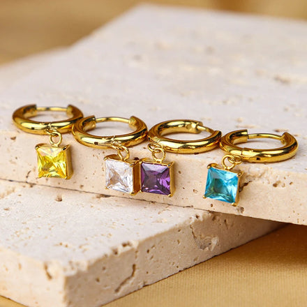 Chris April 316L Stainless Steel PVD Gold Plated Multiple Colors Zirconia Cut Charm Crystal Hoops Earrings