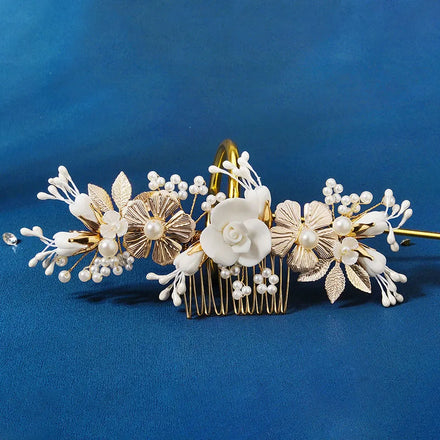 SLBRIDAL Handmade Crystal Rhinestone Pearls Porcelain Flower Bridal Hair Comb Wedding Hair Accessories Bridesmaids Women Jewelry