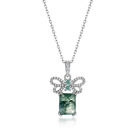 High Quality Jewelry Rectangle Green Gemstone Pendant Dainty Zircon Bow Knot and Natural Moss Agate Pendant Necklace