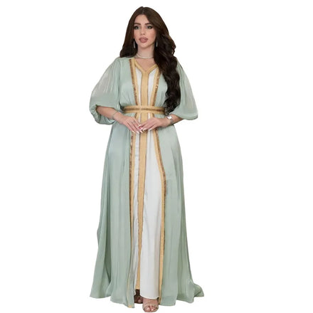 Eid Muslim Organza Glittering Open Abaya Satin Silk Dress Belt Breathable Hand-stitched Luxury Party Dresses 3-Piece Set for