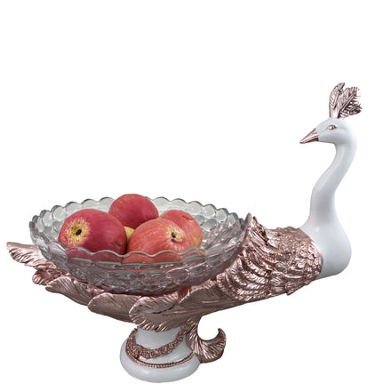 2023 Modern Home Decor Resin Peacock Figure Fruit Tray Glass Fruit Plate for Table Decoration Fruit Bowl