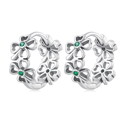 NEW 925 Sterling Silver Flower Hollow Hoop Earrings for Women Lucky Clover Grass Ear Clips Wedding Party Jewelry Gift SCE1567