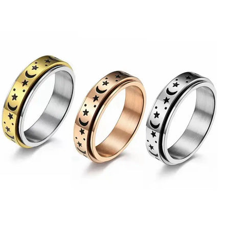 Anti Tarnish 6mm Moon Star Enameled Rotatable Ring Unisex Engagement Ring Gold Stainless Steel Men Women