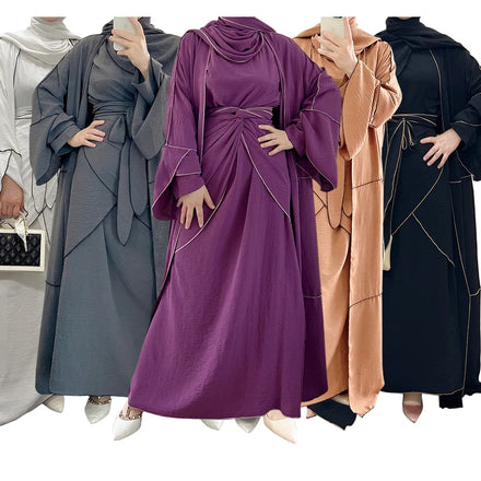 2022 Latest Design Middle East Dubai Turkey Solid Color Open Abaya Dress and Skirt Three-piece Suit Kaftan Islamic Clothing