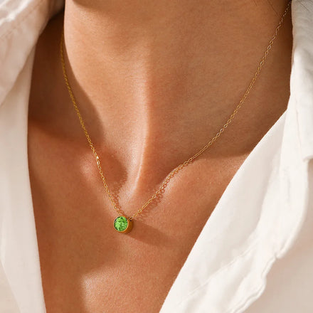Shiny Colorful CZ Birthstone Necklace Round Stainless Steel Link Chain Necklace Stainless Steel Birth Stone Zircon Necklace