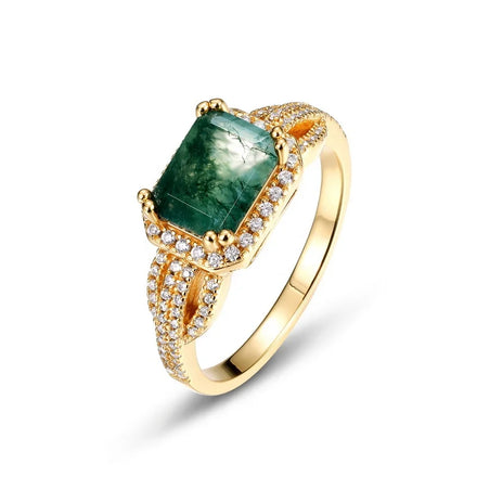 New Arrival Sterling Silver Rectangle Crystals Ring 18K Gold Plated Bling CZ Zircon Green Moss Agate Party Wedding Jewelry