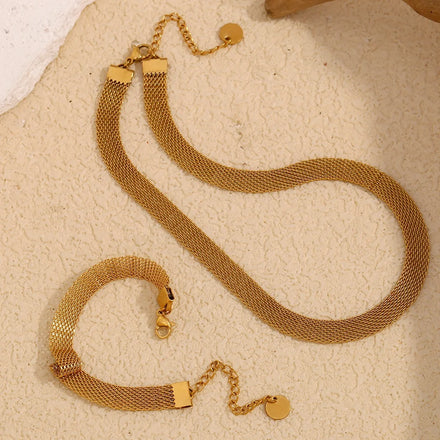 Wholesale Fashion Jewelry Sets 18k Gold Stainless Steel Flat Watch Strap Chain Handmade Mesh Belt Necklace Bracelet Sets Women