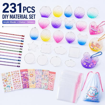 231Pcs DIY Acrylic Plastic Keychain Craft Kit UV Printed Lightweight Stickers Chains Tweezers for Promotion Gifts Stationery