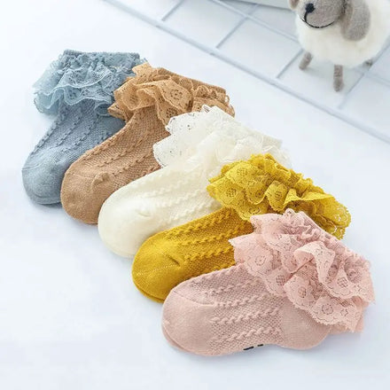 Cmax New Fancy Solid Color Double Lace Ruffle Anti-Slip Breathable Casual Disposable Girls Baby Socks Soft Cotton