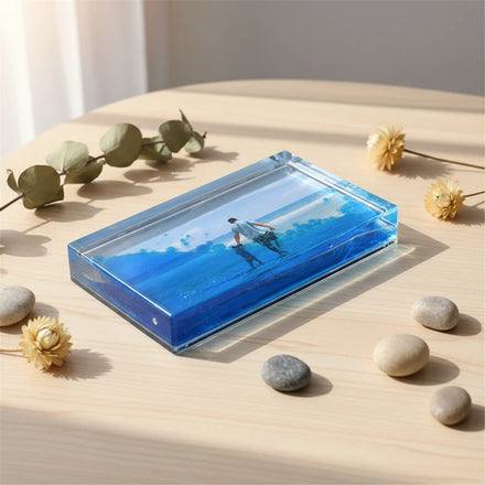 Factory Customized Blue Liquid Crystal Block Photo Frame Acrylic Photo Frame Rectangle Fish Floater Design for Storage