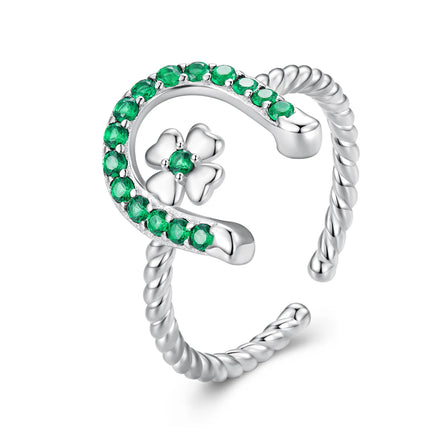 925 Sterling Silver Green Color Shiny Zircon Horseshoe Twisted Open Rings for Women Four-leaf Clover Adjustable Ring SCR910