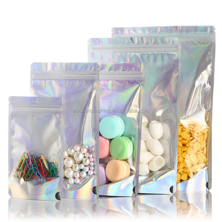 Low MOQ Transparent Window Doypack Snack Food Packaging Plastic Ziplock Holographic 3 Side Seal Bag for Embellishing Your