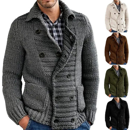 Casual Mens Sweater Cardigan Autumn Lapel Single Breasted Slim Vintage Long Sleeve Knitted Jacket Male