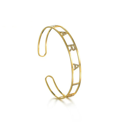 Adjustable C-Shape Name Bracelet Simple Hollow Crystal Rhinestone Cutting Stainless Steel Rose Gold Plated Fashion Bangle for