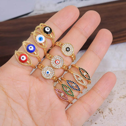 RM1533 Fashion 18k Gold Plated Cz Paved Colourful Enamel Evil Eyes Signet Disc Women Ring Trendy Brass Evil Eyes Ladies Ring