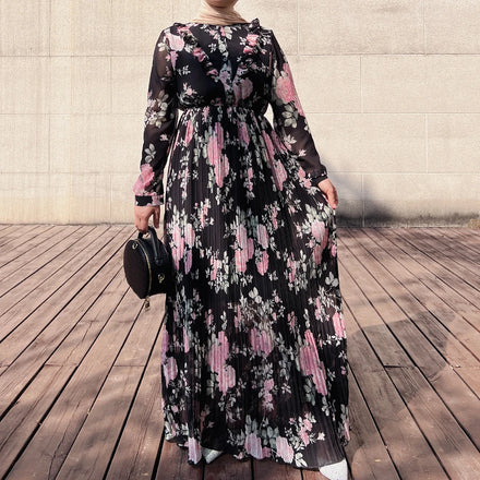 Loriya Ladies Abaya Chiffon Pleated Muslim Long Dress Women Causal Dress Summer Abaya Muslim Women Dress