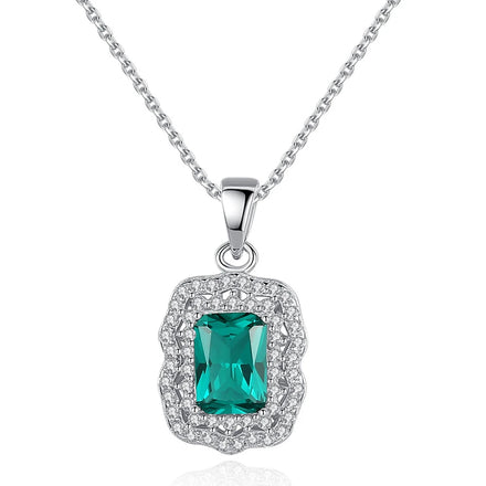 Daidan 925 Silver Necklace Jewelry Women Necklace Luxury Zircon Silver Green Emerald Rectangle Pendant Necklace