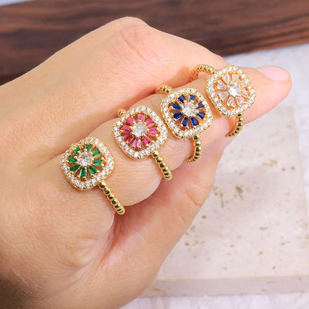RM1534 Fashion 18k Gold Plated Cz Paved Tapered Baguette Blossom Flower Daisy Rings