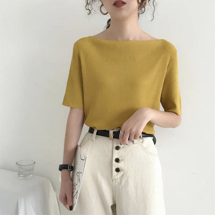 Korean One Size One Neck off Shoulder Ice Silk Knit Top Women's Summer Thin Short Sleeve Loose Top
