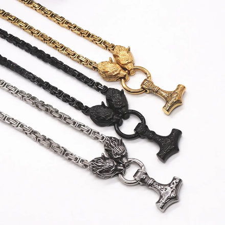 Wholesale Good Colar Masculino Jewelry for Men Titanium Steel Norse Viking Necklace Pendant Wolf Head Thor Hammer Necklaces