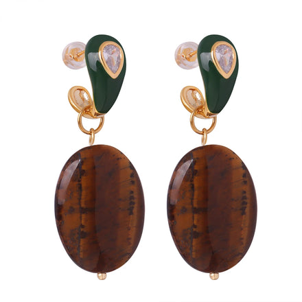 Retro Style Personalized Design Copper Material Natural tiger Eye Stone Pendant Inlaid with Zircon Enamel Glaze Earrings Jewelry