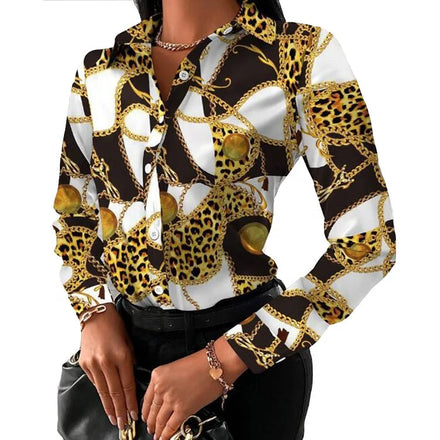 New Chain Print Women Blouses Fashion Turn-down Collar Long Sleeve Casual Plus Size Elegant Office Work Lady Shirts