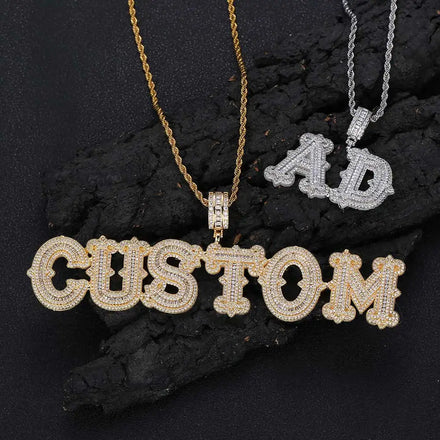 Nuoya New Custom Name Pendant Bling Baguette Cubic Zirconia Iced Out Initial Letter Pendant Necklace for Men Women