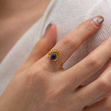 New Fashion Natural Stone African Turquoise Agate Rope Sun 18K Gold Plated Stainless Steel Opening Rings