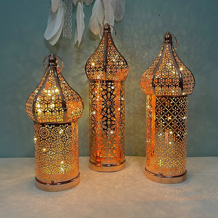 2023 Hanging Moroccan Style Silver/Rose Gold Electroplate Gold Eco-friendly Metal Tabletop Arabian Wind Candle Lantern Ramadan