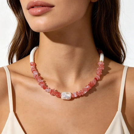 Maiou Vintage Cute Trendy Original Design Cute Pink Stone Pearl Beaded Shell Choker Necklace for Women Jewelry